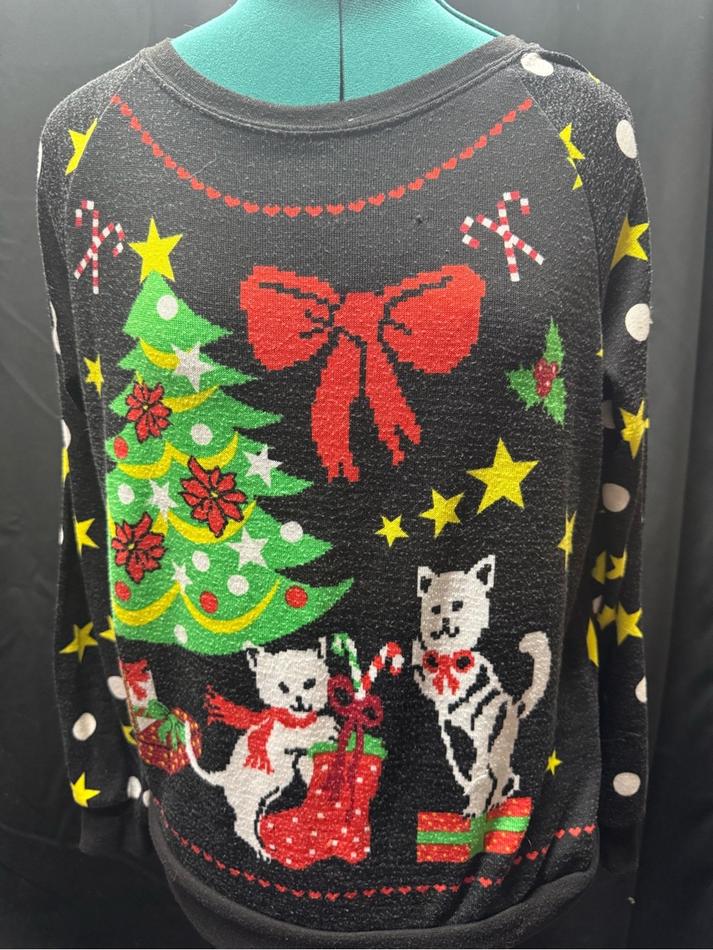 Freeze Black Holiday Cat & Tree Sweater with Red Bow and Green Tree